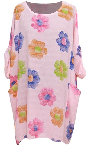 Storm Island® Women Italian Top Floral Print Cotton Summer Dress Tunic Top Plus Size Dress for Women Round Neck Pullover Summer Shirt for Girls UK Size 12-22 Pink