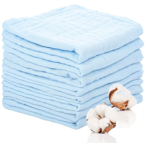 Lanjue 8 Pack Muslin Cloths for Baby, 6 Layers Cotton, 12 x 12 In, Blue