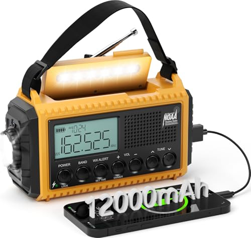 Radio di emergenza da 12000 mAh, radio meteorologica alimentata a 6 vie, torcia elettrica a manovella solare, caricatore per telefono cellulare, radio portatile NOAA AM/FM/SW ricaricabile, lampada da