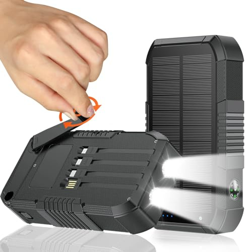 kigoker Solar Power Bank 66800mAh Built in Hand Crank and 4 Cables 22.5W Fast Charge,Camping Essentials/SOS/Strobe/Strong Flashlights,Compass Solar Portable Charger Power Bank (Black)