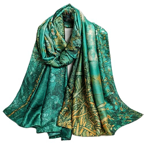 FAIRYGATE Green Scarf Silk Floral Printed Women's Scarves Wraps Soft Elegant Ladies Satin Thin Shawl Lightweight Vintage Scarfs for Wedding Evening 98033