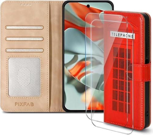 PIXFAB Case for Samsung Galaxy S24 FE with 2 x Screen Protector Tempered Glass, Leather Wallet Phone Case, Magnetic Book Flip Folio Cover [RFID Protection & Card Slots] and [Kickstand] - Telephone