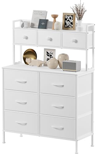 Mintnook Cassettiera a 9 cassetti per Camera da Letto con Maniglie, Piano in Legno, Struttura in Metallo, cassettiera Alta per Camera da Letto, Soggiorno, Bianco