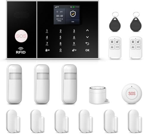 Systèmes de sécurité Domestique, kit d'alarme Smart WiFi 4G Faites-Vous avec détecteur de Mouvement, capteur de fenêtre de la Porte, télécommande, Aucune taxe mensuelle (A108F-EU-D)