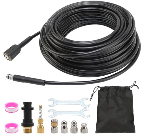 30M Kit de Manguera para Limpiar Tuberías,compatible con Karcher K2 K3 K4 K5 K6 K7,400 bares/5800 psi 60 °C,con 1 adaptador y 5 boquillas,Kit de Manguera para Limpieza de Tuberías
