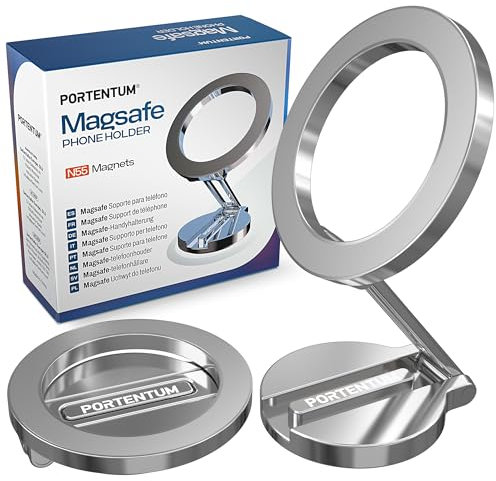 PORTENTUM Porta Cellulare Auto per Magsafe Pieghevole – Con Fissaggio Magnetico (20x N52) e Rotazione a 360° – Per Cruscotto Ufficio o Altre Superfici - Argento