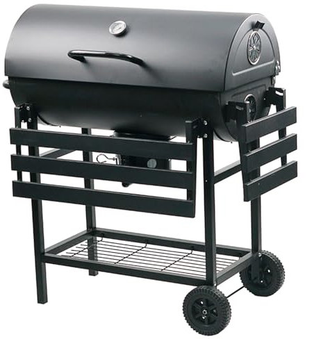 Gr8 Garden Large Charcoal Big Oil Drum Barrel BBQ Grill Garden Cart Trolley Barbecue Outdoor Patio Portable With Lid Wheels Side Table