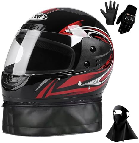 Full Face Motorcycle Street Bike Helmet with Removable Winter Neck Scarf Gloves Mask DOT Approved Street Bike Helmet for Kids Adult Men Women(Bright black)