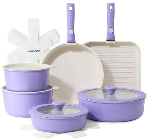 SENSARTE Keramiska kastruller och stekpannor 17 delar, non-stick köksredskap med avtagbart handtag, lämplig för alla typer av spisar, lämpliga för diskmaskin och ugn (lila)