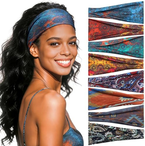 Awumbuk Fascia Capelli Donna, Set da 8 Pezzi, Multicolore con Tinta Unita e Fantasie Assortite, Elastiche e Traspiranti, per Sport Yoga Corsa e Uso Quotidiano (Verde)