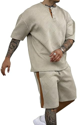 Remxi Mens 2 Piece Tracksuit Set Jacquard Henley Shirt Short Sets Casual Jogging Suits Summer Matching Sets apricot M