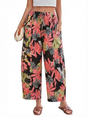 Yousify Womens Wide Leg Pants High Waisted Drawstring Floral Pants Summer Casual Beach Trousers with Pockets