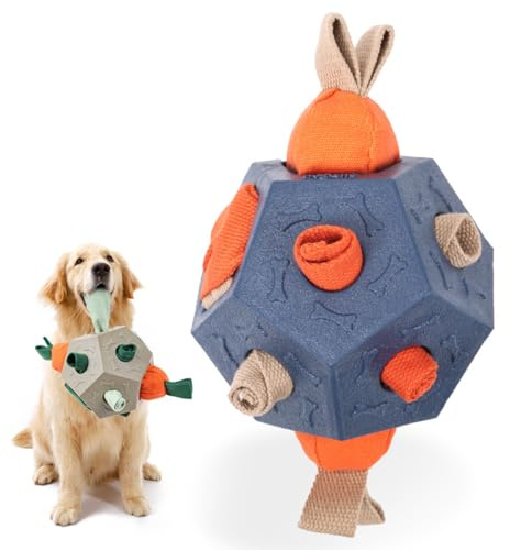 Multiverse Pets Tough Dog Snuffle Ball Puzzle Toy – Heavy Duty TPR Indestructible Foraging Enrichment Toy for Large, Medium & Small Dogs, Durable Interactive Treat Dispenser with Squeaky Carrots -Blue