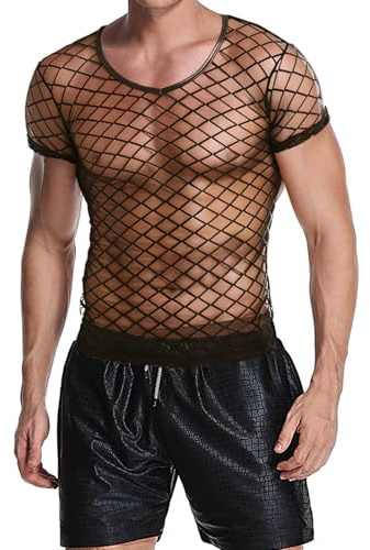 Crop Top Homme Top Transparent Sexy Homme T-Shirt Hom-me Maille Transparent Débardeur en Résille pour Hommes Sexy Style boîte Nuit Parfait pour Les Soirées Festivals de Musique(Noir,L)