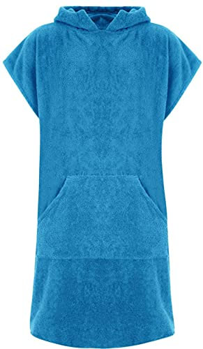 Childrens Hooded 100% Cotton Changing Robe with Pocket Beach Terry Towelling Poncho Towel Swimming Surf (Aqua, Age 6-9)