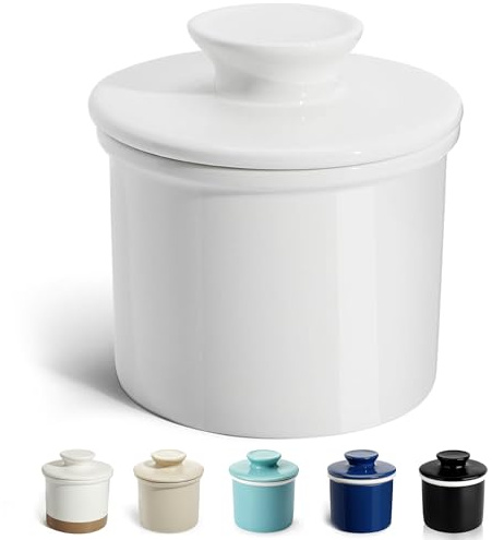 Sweese French Butter Dish - Butter Crock for Counter with Water Line for Fresh Spreadable Butter - French Butter Keeper with Lid - Housewarming Gift For The One Who Has It All - White