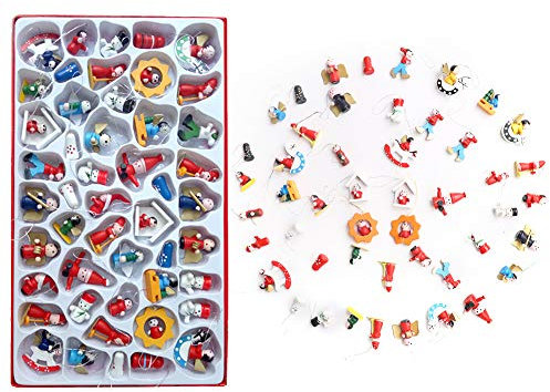 48Pcs Christmas Miniature Ornament Set Mini Wooden Christmas Tree Hanging Ornaments Figures Snowman Angels Santa Claus Advent Calendar Stuffers for Christmas Tree Hanging Decorations