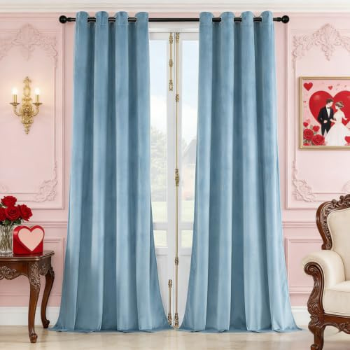 SNITIE Sky Blue 63in Long Velvet Curtains with Grommet, Super Soft Noise Reducing Thick Light Filtering Velvet Drapes for Living Room and Bedroom, Set of 2 Panels, 52 x 63 Inch Long