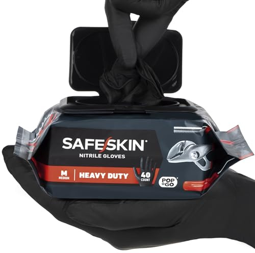 SAFESKIN Heavy Duty Nitrile Disposable Gloves, Pack of 40, Powder Free, Black - Plumbing, Gardening, Painting, Food Handling