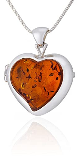 AMBEDORA Collar de Mujer, Medallón, Plata de Ley Pulida con Nanocobertura Protectora, Corazón de Ámbar en Color Coñac, Colgante Secreto de Plata con Cadena