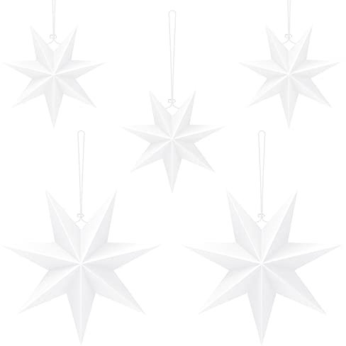 Estefanlo Faltstern Weihnachten, 7 Zacken Papier Stern Dekoration, 5 Stück Papiersterne für Weihnachts Deko, 25cm x 3 + 40cm x 2, Sterne Papier zum Fenster Dekoration, Advent, Weihnachtsbaum, Weiß