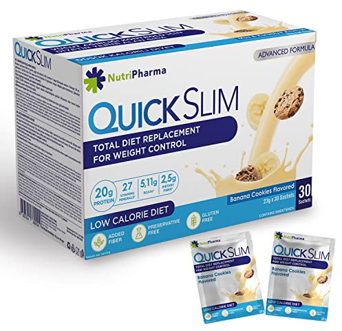 Quick Slim High Protein Shakes for Weight Loss, 30 Servings, Complete Meal Replacement Powder, Diet Shakes for Women & Men, 20g Protein, 27 Vit & Min, Keto, Gluten Free (Banana Cookies, 30 Sachets)