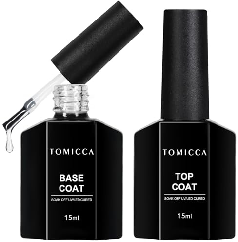 TOMICCA Gel Nail Base & No‑Wipe Top Coat Set 2 x 15ml — UV/LED Soak‑Off Gel Base Coat & High‑Shine No‑Wipe Top Coat — Long‑Lasting, Quick Cure, Professional Manicure