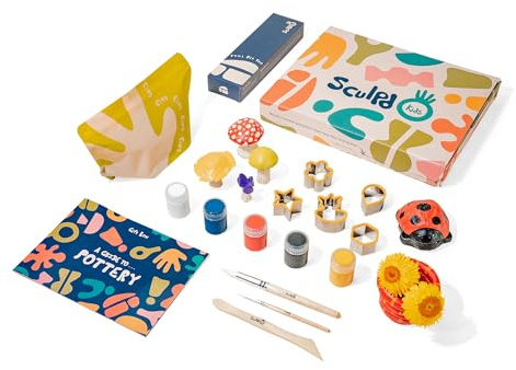 Sculpd Kids Pottery Kit, Air-Dry Clay Starter Kit for Kids Age 4 to 6, Air Dry Clay with 5 Colour Paint Set, Paintbrushes, Pottery Tools, Clay Cutters, Sponge and Step-by-Step Guide