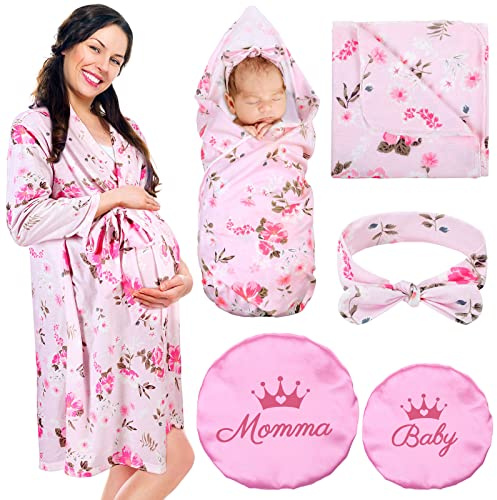 Mepase 5 Pcs Mommy and Me Hospital Matching Outfits Maternity Robe Swaddle Blanket Baby Girl Boys Headband Hat for Mom Baby(Light Pink,X-Large)