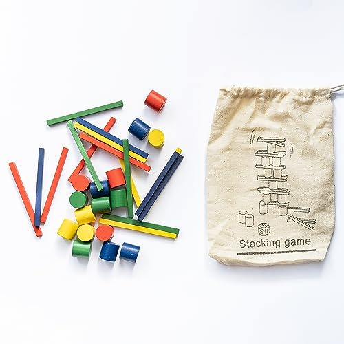 Chinchilla® Juego de habilidad de apilamiento, multicolor, 16 varillas y conos, 1 cubo de madera, incluye instrucciones de juego en bolsa de algodón respetuosa con el medio ambiente, madera sostenible