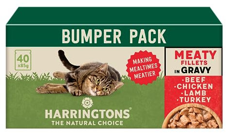 Harringtons Complete Wet Pouch Grain Free Hypoallergenic Adult Cat Food Meaty in Gravy Pack 40x85g - Beef, Chicken, Lamb & Turkey - Making Mealtimes Meatier