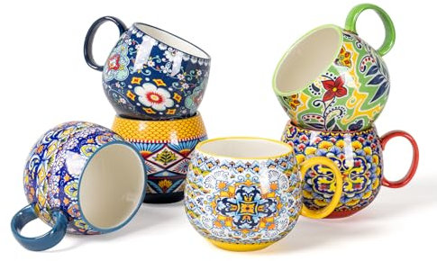 HENXFEN LEAD juego de tazas de cappuccino, tazas de café de porcelana de 600ml con asa, pack de 6 tazas de porcelana para té café con leche cappuccino con estampado y colorido - Estilo Bohemio