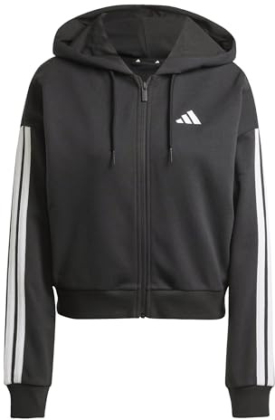 adidas Women's Essentials 3-Stripes French Terry Full Zip Hoodie, Black/White, XL