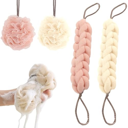 HANIUTTY 4 Stück Badeschwamm Luffa(Rosa, Beige) luffa Schwamm Duschschwamm, Seifschwamm Massageschwamm Rückenschrubber für Männer und Frauen Hautreinigungszubehör(2 Badestangen + 2 Badekugeln)