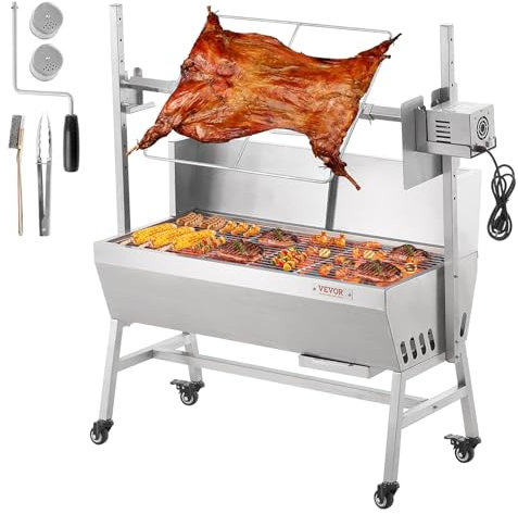 VEVOR Asador de Carbón con Parabrisas, para Asar Cerdo Entero, Cordero, Cabra, Motor Eléctrico de 42 W, Asador Acero Inoxidable con Ruedas Bloqueables para Acampar al Aire Libre 1110 x 417 x 1080 mm