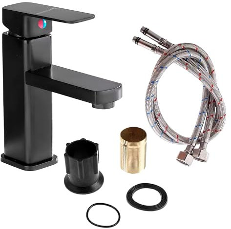 Grifo Mezclador lavabo (Negro) Grifo Monomando Grifo Baño Cromado Grifos para Lavabo Grifos para Lavabos. Acero Inoxidable Y Plastico ABS Incluye Manguera Instalación Resiste Altas Temperaturas