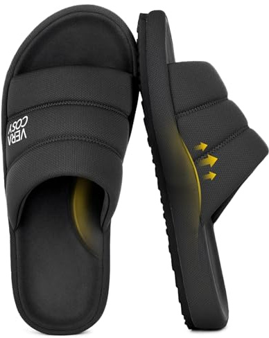 VeraCosy Men's Open-Toe Slippers Memory Foam Shoes Dark Black,10-11 UK