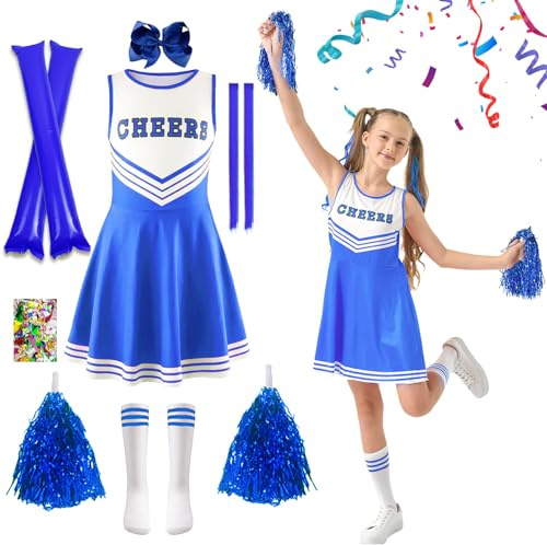 HILKKET Bambini Cheerleading Outfit, Costume Cheerleader per Ragazze, Uniforme Cheerleader Bambina, Vestito Cheerleader Bambina con Pompon, Calzini, Accessori e Capelli per Carnevali (Blu, 150)