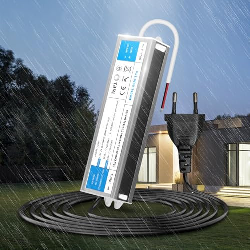 KSIBNW Transformador 220V a 12V 60W, Impermeable IP67 Fuente de Alimentación Exterior Ultra Fino LED Driver con Enchufe AC 220V a DC 12V 5A 60W Tensión Controlado Voltaje Constante Driver de Bajo