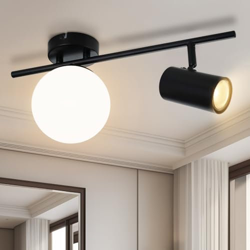 ZMH Deckenlampe 2 Flammig Schwarz Deckenstrahler: Modern Flur Deckenleuchte mit GU10 Schwenkbar Deckenspots Metall Flurlampe Decke mit Weiß Glaskugel E14 Küchenlampe für Küche Wohnzimmer Schlafzimmer