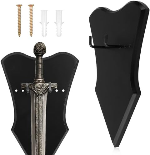 Gosknor Ensemble de Support Mural pour Épée, Support d'Épée Vertical Réglable en Bois Support de Suspension avec Clous et Boucles pour Arc Dague Hache Médiévale (Noir, Petit)