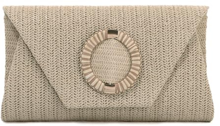 BWBIKE Bolso de Mano Tejido de Rrafia para Mujer - Elegante Bolso Bandolera de Paja para Verano, Playa, Bodas y Fiestas Formales, Bolso de Mano Tipo Sobre con Cadena Extraíble,Caqui