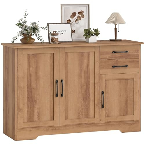HOMCOM Credenza Cucina, Mobile Cucina con 2 Cassetti, 2 Armadietti, Credenza Buffet con Ante Chiusura Soft-close, Ripiani Regolabili, per Salotto Sala da Pranzo Soggiorno, 120x38x79 cm, Rovere
