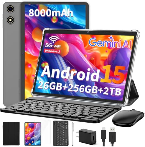 Suicoey 2026 Tablet with Keyboard, 26GB + 256GB (2TB Expand), 10 inch Android 15 Tablets with Octa Core, Gemini AI, 5G WiFi, 8000mAh, BT 5.0, 2 in 1 AI Tablet with Case, Mouse, Stylus (Black Case)