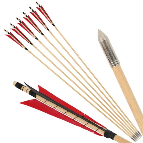 surwolf 31” bågskyttepilar av trä, traditionellt handgjorda, med 5” kalkonfjäder, OD8mm träskena, jaktmål för långbåge/recurvebåge hästbåge 6&12 st.