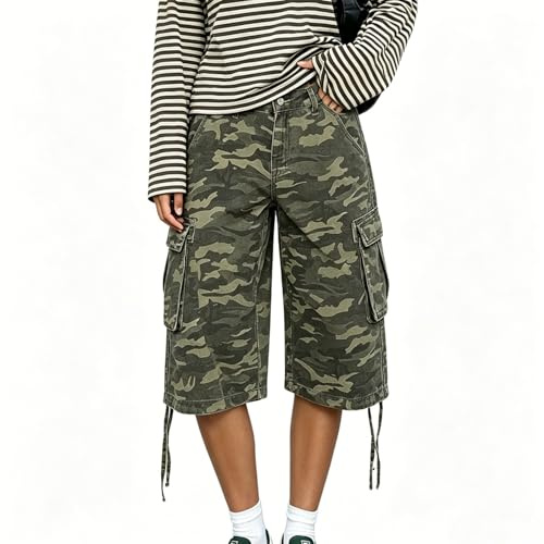 Feclmiyt Women's Camo Cargo Culottes Pants Y2k Drawstring Low Rise Baggy Denim Shorts with Pocket Casual Jorts Streetwear