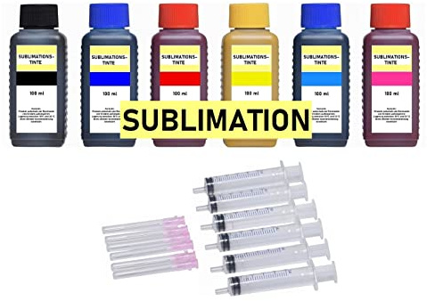 6 x 100 ML SUBLIMATIONSTINTE, je 100 ml Black, Cyan, Magenta, Yellow, Photo-Cyan und Photo-Magenta für Textildruck, Sublimationsdruck, Thermo-Transferdruck