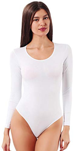 VEDATS Damen Body Langarm Rundhals Top Unterhemd Bodysuit (XL, Weiß)