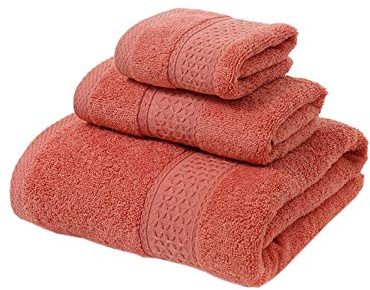 Elonglin 3 Piece Towel Set, 1 Bath Towel & 2 Hand Towels, Cotton Highly Absorbent Towels for Bathroom, Shower Towel (Brick-red)