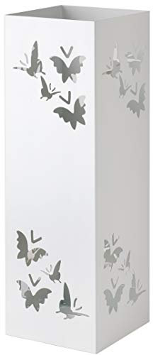Baroni Home Portaombrelli Quadrato in Metallo con Intagli a Forma di Farfalle 15,5x15,5x49 cm con Gancino e Vaschetta Scolapioggia Rimovibile, Bianco